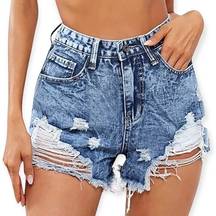 SheIn  Acid Washed High Rise Raw Hem Distressed Denim Shorts