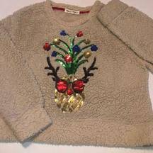 Wallflower Sz XL Sherpa Faux Fur Sequin Reindeer Cropped Sweater