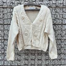 Vintage 80s 90s Nuggets cream crochet cable knit rosette button up cardigan