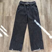 Faded Black Denim Wide Leg Belted Pants