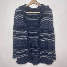 Fly London Hooded Sweater Cardigan Open Front Fringe Blue Size Small