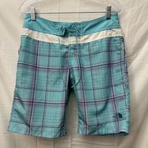 The North Face Blue Purple Plaid Board Shorts Swim Surf Women’s Size 4