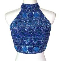 Sherri Hill Blue Fully Beaded High Halter Neck Cropped Top