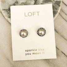 Loft  Gray Pearl Stud Earrings Clear Pave Halo NWT Faux Pearls Round Circle