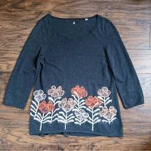 Anthropologie Knitted & Knotted • Anthro Kilda Sweater grey orange floral embroidered pullover