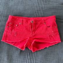 Red denim/jean cut-off frayed distressed shorts