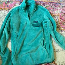 Patagonia  Women's 1/4 Button Pullover Sweater Teal Blue Fleece Fuzzy