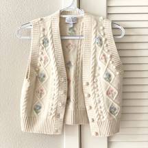 Womens XS Floral Cable Knit Cardigan Vest Wool Cotton Blend
