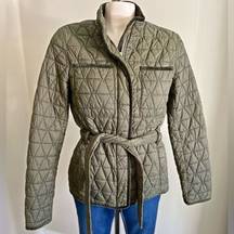 HALOGEN quilted belted nylon coat jacket in olive Sarma with pockets