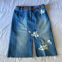 Kenneth Cole midi denim skirt with embroidery and attached belt size 4