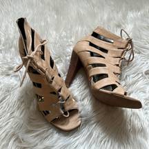 Theory  Leather Caged Lace Up Heeled Sandals Blush/Peach