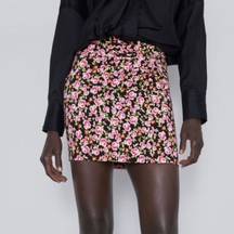 ZARA  Pink Rose Print Ruched Mini Skirt
