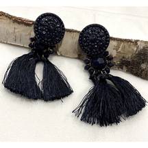 Black Beaded Fringe Tassel Fashion Earrings NEW Boho Cottage Gypsy Southwestern