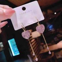 Purple Crystal Love Heart Long Tassel Dangle Drop Earrings for Women