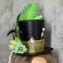 FEATHER MINI TOP HAT FLOWER GREEN FRINGE BEAD ST PATTY STEAMPUNK BLING BLACK