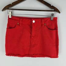 Tory Burch Denim Mini Skirt Frayed Edge Red Logo Button Size 25