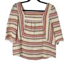 Ava James Cream Pink Linen Striped 1/2 Sleeve Top With Square Neck