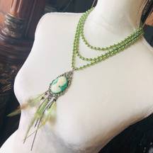 Handcrafted filigree green cameo Pearl genuine malachite gemstone clasp necklace