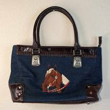 Cleto Western Blue Denim Handbag With Embroidered Horse Head NWT