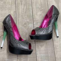 Iron fist RuPaul by  Sz 9 Snakeskin Peep-Toe Platform Heels Black Green NEW! $105