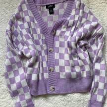 White And Purple Checkered Cardigan