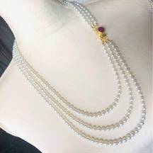 Handcrafted triple strand white Czech glass pearl genuine ruby clasp necklace