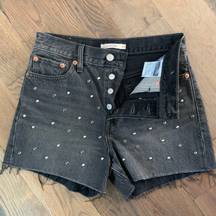 Levi’s Wedgie Fit High Rise Studded Bling Cut Off Jean Shorts Size 28 Black