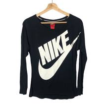 Nike  Black Long Sleeve T-Shirt White Logo Athletic Crew Neck Top XS