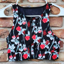 MINKPINK Move Zip Front Black Red Floral Crop Top Sports Bra