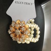 Ellen Tracy Triple Row Pearls with Gold Flower Pav