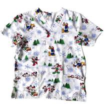 VTG Disney  Christmas Scrub Top White Medium  Mickey Minnie Pluto RN Nur…