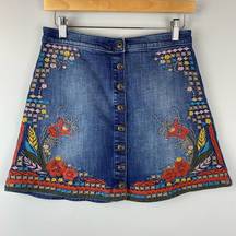 Sneak Peak Embroidered Denim Mini Skirt Medium