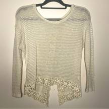 Creme Cottagecore Crewneck Crop 3/4 Sleeve Backless Open Knit Sweater Small