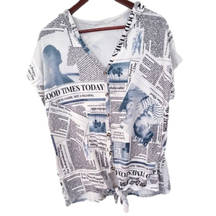 Vervet Newspaper Print Tie Front Hooded Shirt Sleeve Shirt Jacket Women's Large