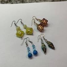 Lot Of 4 Colorful Beaded Costume Earrings Pierced Dangle Glass - Yellow Red Blue