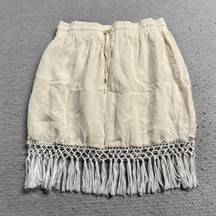 Cream Ivory elastic Waistband Tassel Fringe Skirt Size Small