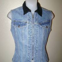 PARIS Blues Front Zip Denim Vest Black Velvet Collar Size XS