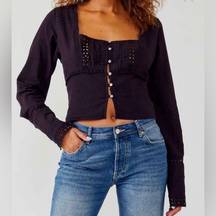 Free People  Joi Black Eyelet Button Down Long Sleeve Boho Peasant Top Small