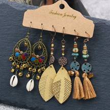 3 Pairs/Set Bohemian Boho Earrings Hook Drop Dangle - Feather, Tassle Shell, C#1