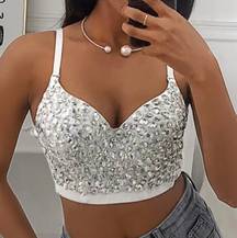 V-Neck Allover Rhinestone Corset Crop Top NWOT