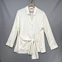 Nic and Zoe Shirt Womens Large Cream Satin Tie Front Long Sleeve Silky Workwear