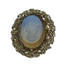 1960's Large Faceted Topaz Glass Pressed Cameo with Fancy Gold Tone Metal Frame‎