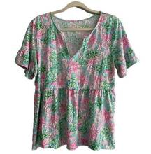 Lilly Pulitzer Top Large Pink Green Floral Turtle Print Short Sleeve Cotton