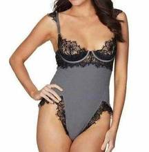 OH LA LA CHERI Women's Rib Knit And Eyelash Lace Teddy Grey Black Size L NWT