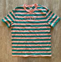 Guess salmon pink and green classic stripe with 3D logo t shirt l