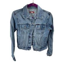 Unionbay Women Denim jean Jacket Long Sleeve Button Down Blue Wash Medium croppe