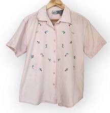 Vintage Krazy Kat Pink Waffle Flower Embroidery Button Down Shirt L