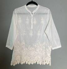 David Jones tunic blouse cotton silk lace antique style large / uk Aus 12