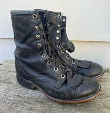 Laredo 90s  Black Leather Cowgirl Western Lace Up Roper Boots w/ Toe Kilte Fringe