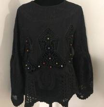 PAGE 323 Chloe Oliver Anthropologie Boho Black Bell Sleeve Crochet Top Medium